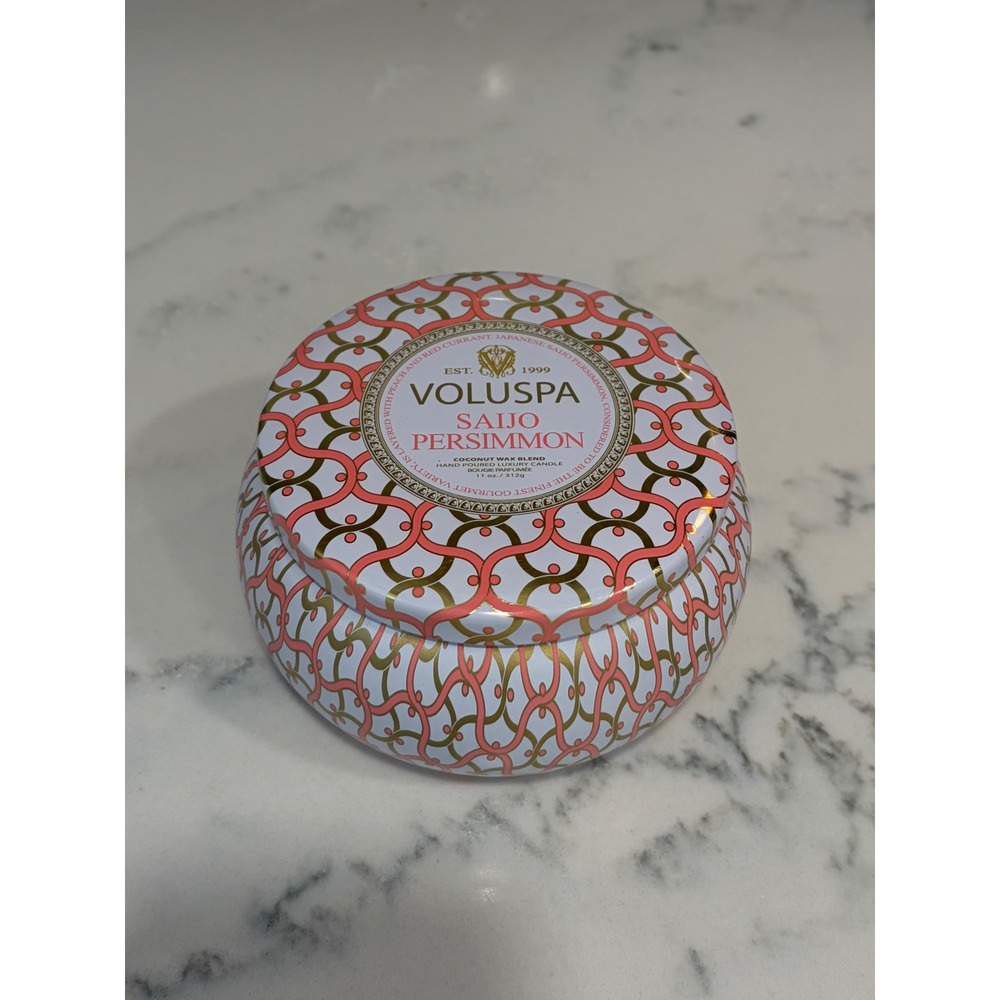 Voluspa Saijo Persimmon 2 Wick 11oz Coconut Wax Luxury Candle Tin Pink Gold